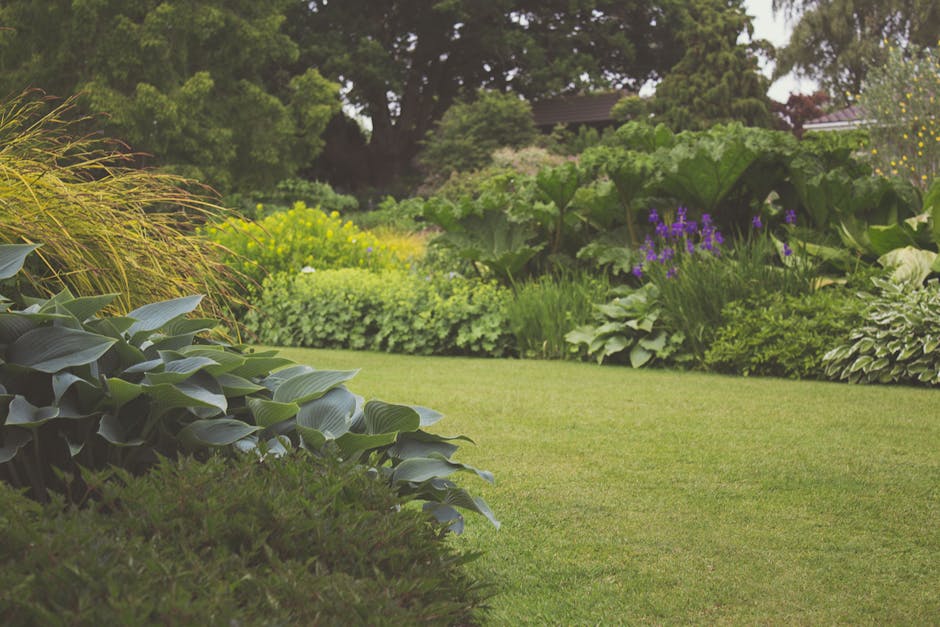 A lush, well-maintained garden scene featuring a neatly trimmed lawn interwoven with vibrant flower beds and borders. The foreground displays a gently curved, evenly cut grassy area bordered by colorf